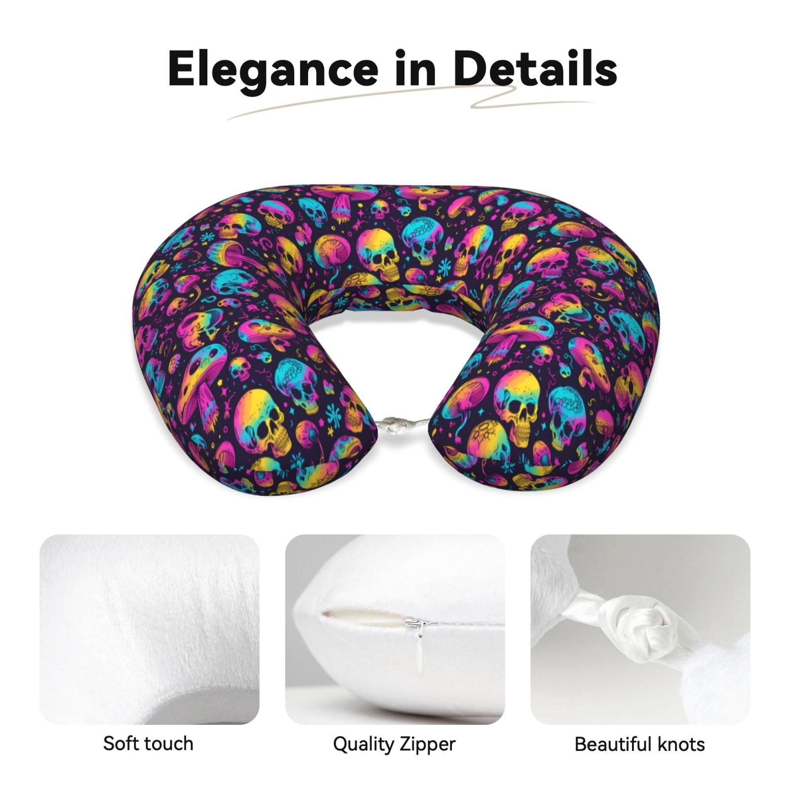 Xecao rainbow color mushroom Skull Print Memory Foam Cervical Neck Pillow Versatile U-Shaped Pillows for Home,Office,Camping,Travelling,Soft Washable Cover