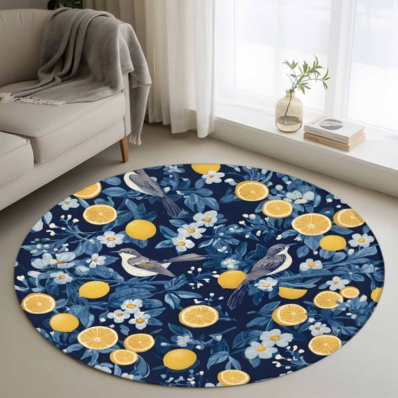 Round Rugs 4Ft, Lemon Bird Round Area Rug Washable Indoor Throw Carpet, Blue Yellow Pastoral Flowers Plant Summer Soft Non Slip Circle Rug for Kitchen Nursery Room Home Decor Aesthetic