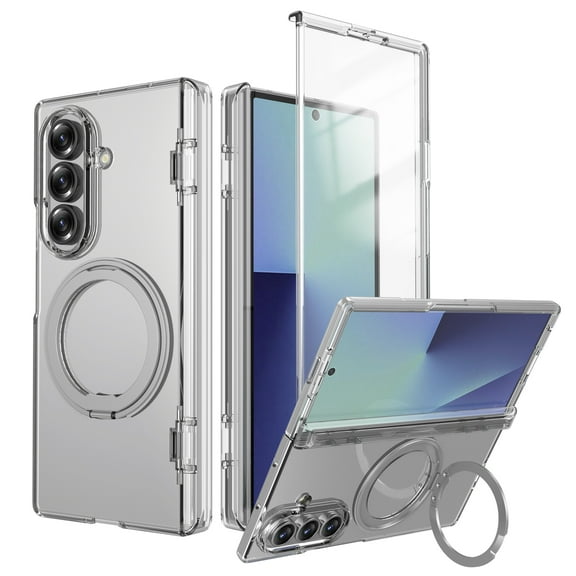 ELEHOLD Magnetic Case for Samsung Galaxy Z Fold 7 2025 with Screen Protector , 360° Rotating Kickstand Shockproof Shockproof Full Body Protective Cover Hinge Protection Cover, Clear