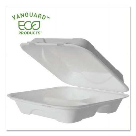 Eco-Products EP-HC93NFA Vanguard 9 in. x 9 in. x 3 in. 3-Compartment Renewable and Compostable Sugarcane Clamshells - White (200/Carton)