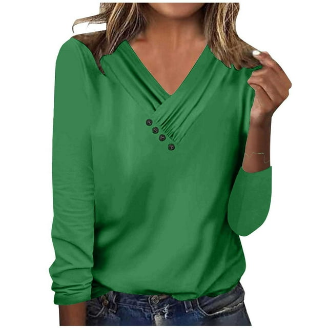 Dagugfen Womens Tops Basic Casual V Neck Long Sleeve Button Regular Blouses Work Travel Tops Size S-XXXL