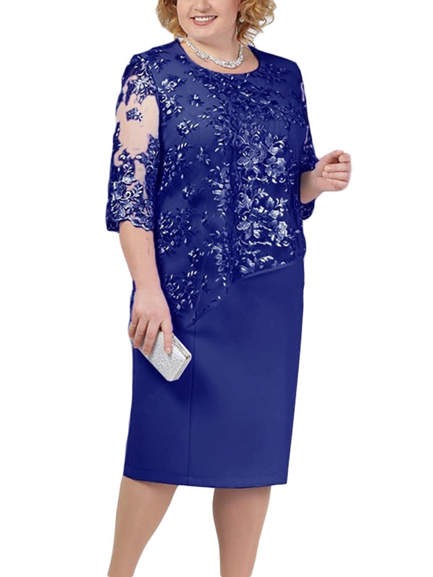 Lrady Women Plus Size Floral Lace 3/4 Sleeve Party Wedding Cocktail Swing Midi Dress with Pockets 