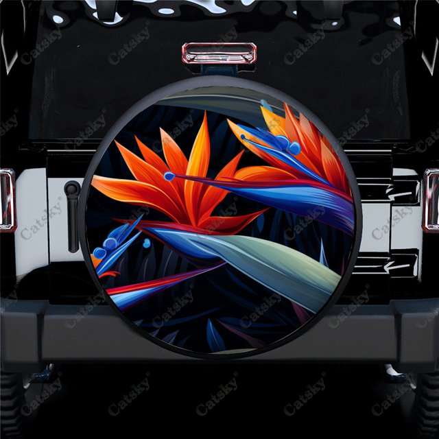 Colorful Strelitzia Flower Pattern Polyester Universal Spare Wheel Tire Cover Wheel Covers for Trailer RV SUV Truck Camper