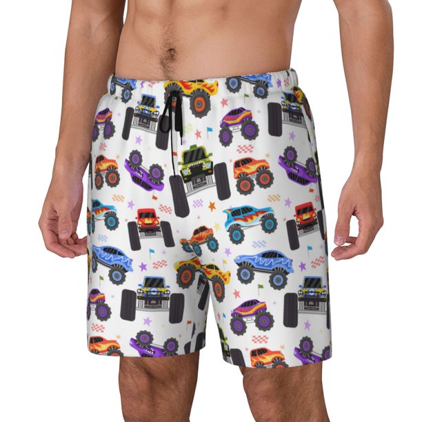 Balery Cartoon Monster Trucks1 Bañador para hombre, shorts de playa de secado rápido con entrepierna y forro de compresión-XX-Large