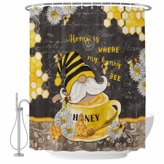 Yellow Gnomes Shower Curtain, Waterproof Shower Curtains for Bathroom, Bee Daisy Honey Vintage Washable Fabric Bathtub Curtain Set Bath Decor with 12 Hooks Extra Long 72"x96"