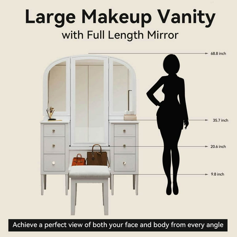 Resenkos Antique Makeup Vanity Desk with Triple Mirror, 6-Drawer Dressing  Table Set Including Stool & Full-Length Mirror - White - Walmart.com
