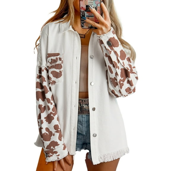 Women's White Cow Spot Patchwork Flap Pocket Distressed Hem Long Denim Jacket | [ZhiHiMeRi] | (US 12-14)L