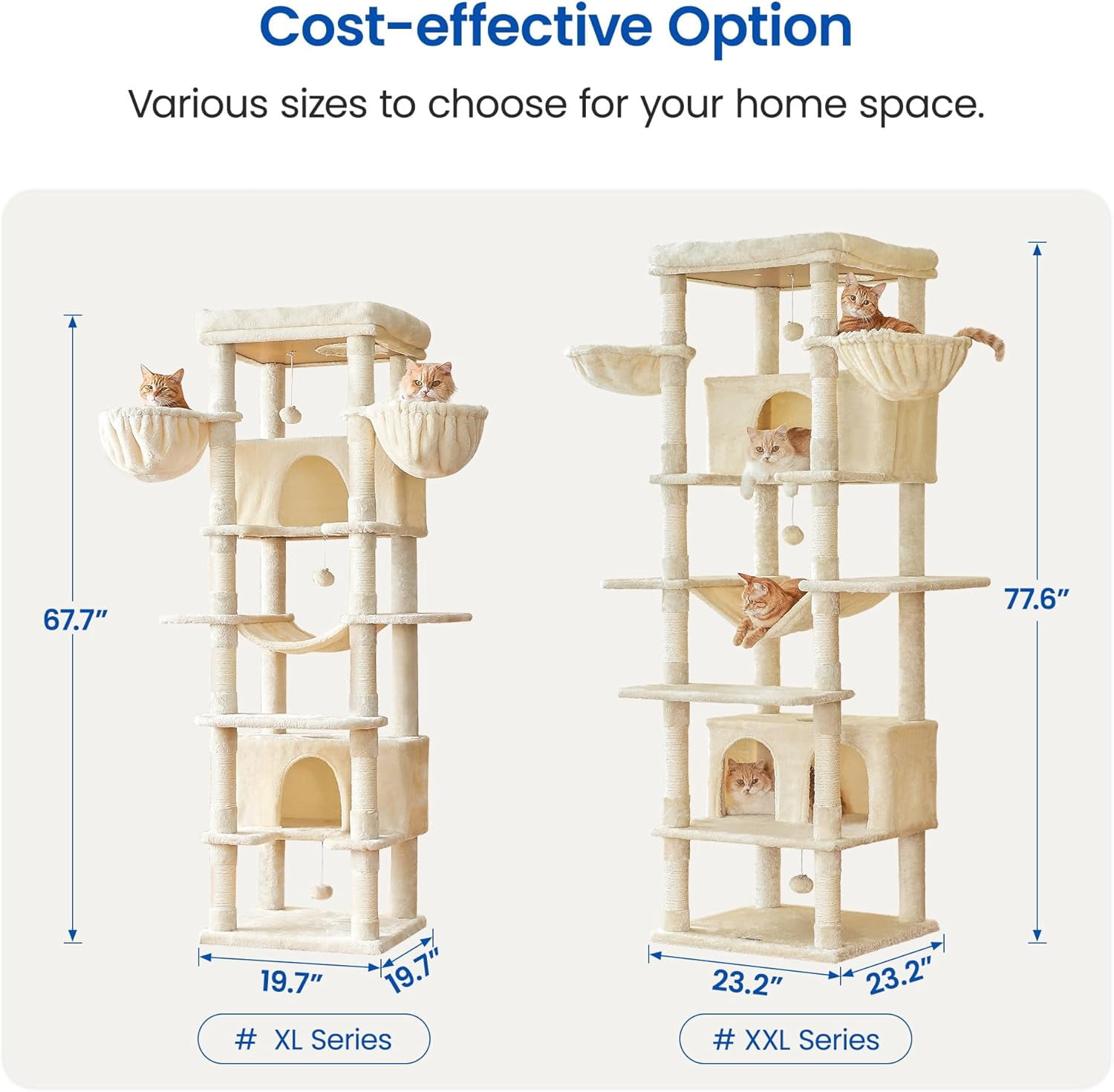 WSWJY Large Cat Tree, 67.7-Inch Tall Tower for Indoor Cats With 2 Condos, Multi-Level Stand With 3 Hammocks, Wide Perch, Scratching Posts, Dangling Toys, Beige