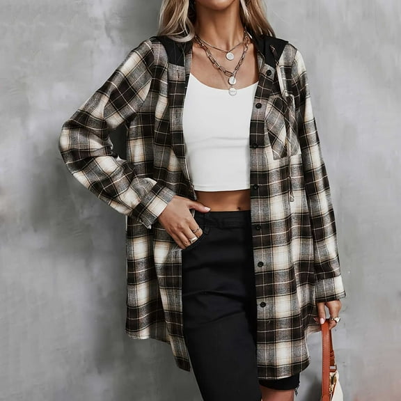 Fartey Women's Plaid Jacket Dressy Casual Button Up Coats Oversized Long Sleeve Shacket Jackets Lightweight Fall Jackets with Pockets