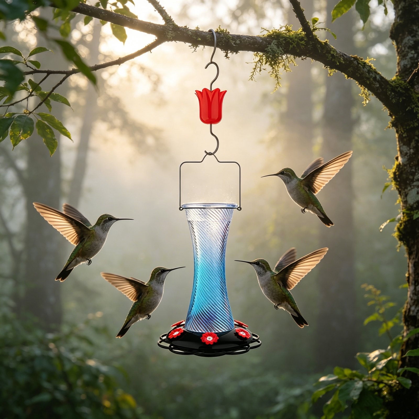 Hanging Glass Hummingbird Feeder, 7.8in Outdoor Decorative Wild Bird Nectar Feeder With Flower‑Shaped Ports