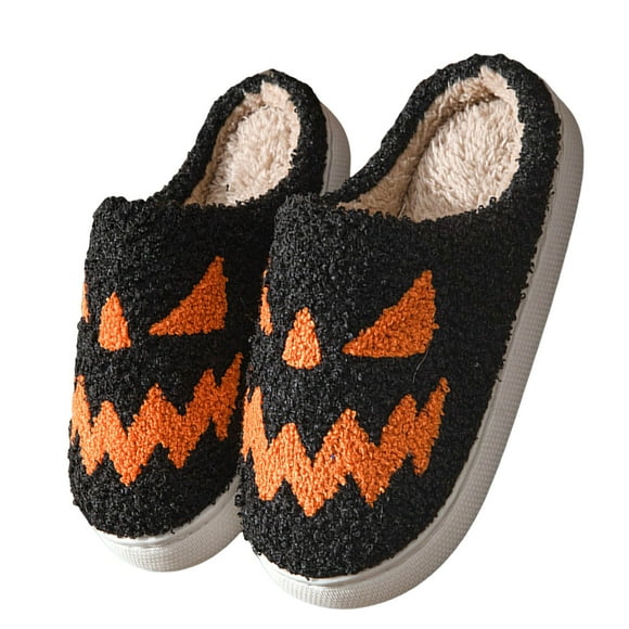 Leozcaa Halloween Pumpkin Slippers for Women Cozy Plush Spooky Slippers Non-Slip Christmas Home Shoes
