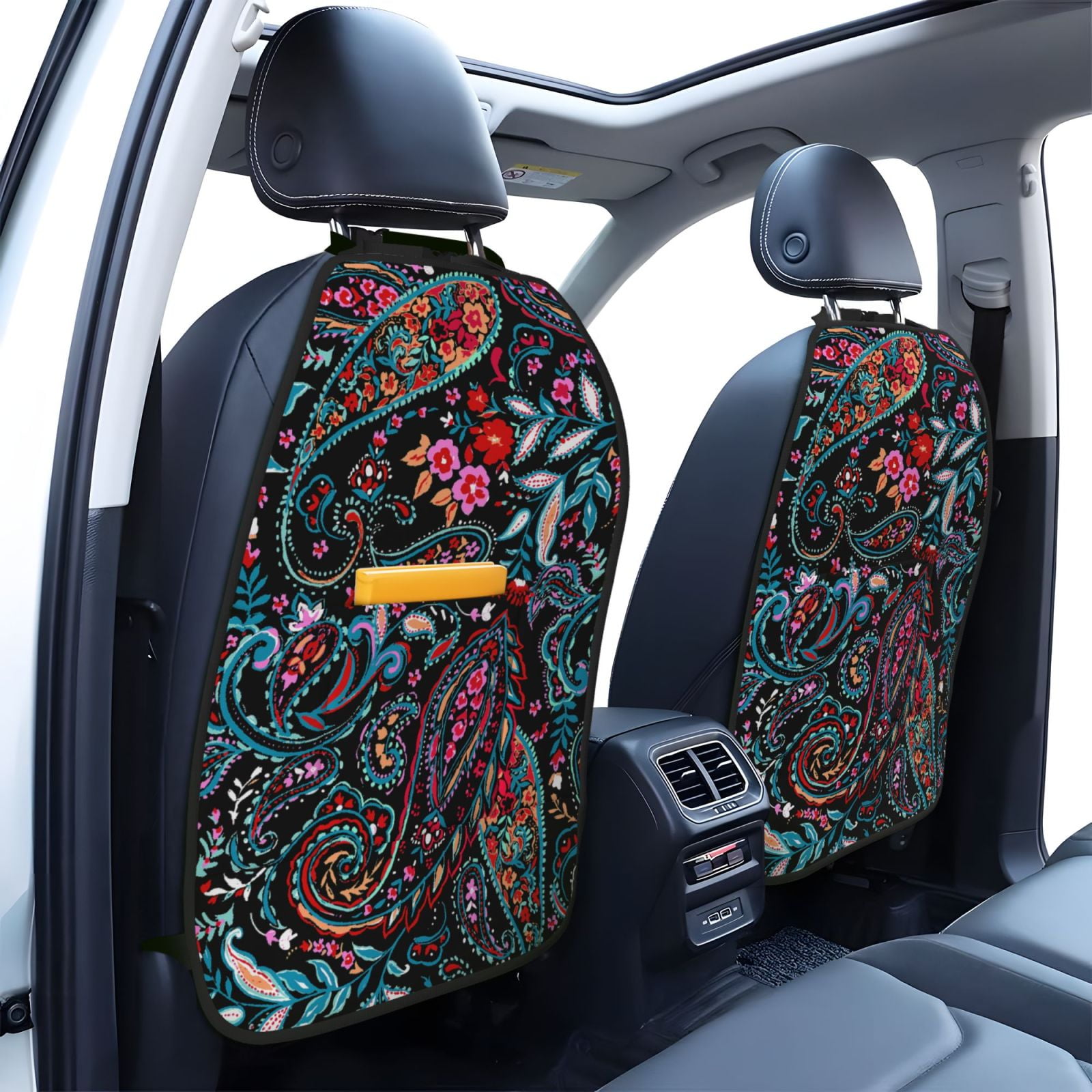 Xecao Paisley Pattern Car Seat Back Protector 2 Pack Large Capacity Pocket, Kick Mats Back Seat Protector