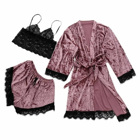 

QENGING Womens Pajama Sets Clearance Plus Contrast Binding Satin Sleepwear Set Lace Chemise Shorts Robe Suit