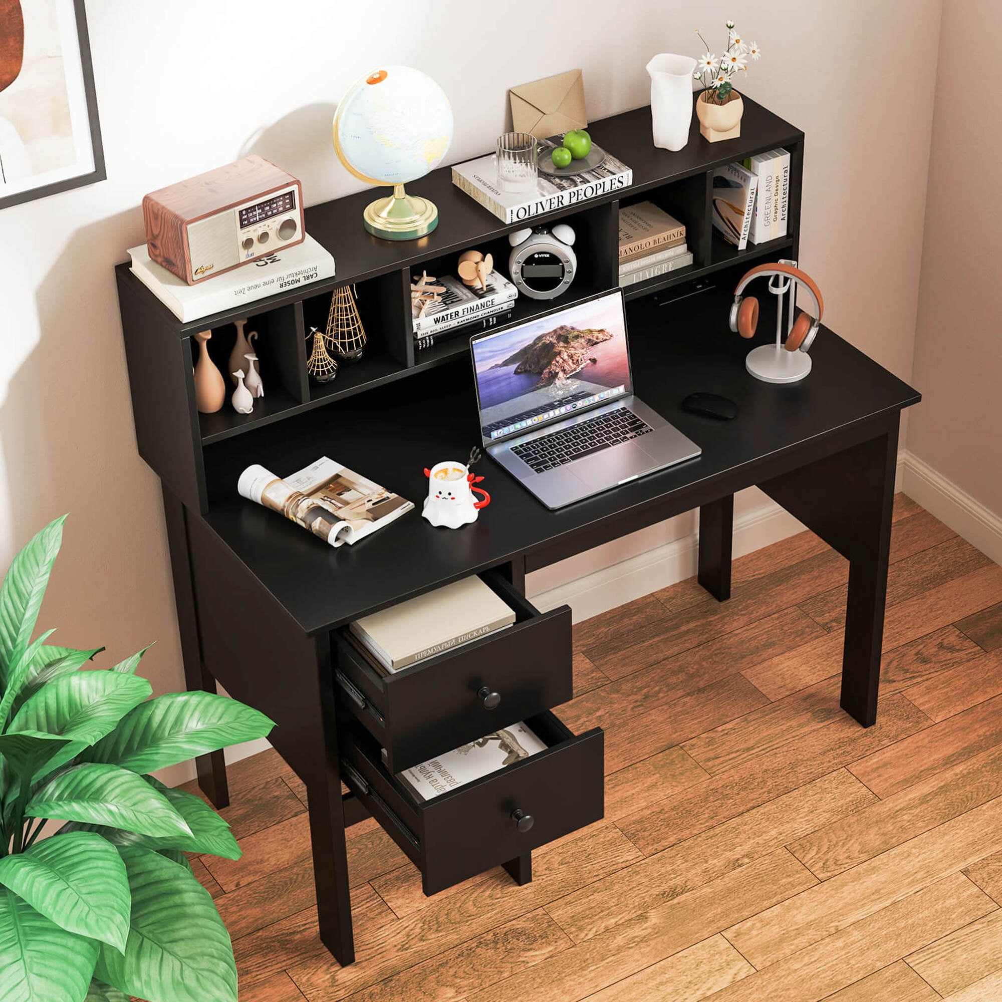 Costway 48" Computer Desk with Power Outlets Type-C 5-Cubby Hutch & 2 Storage Drawers Black