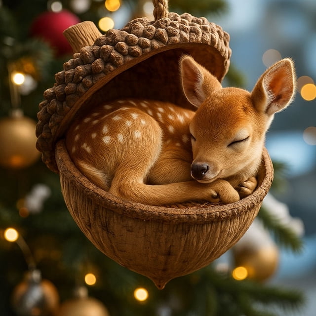 Adornos navideños de bellotas de animales del bosque en 2D