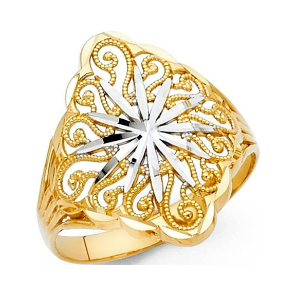 14k Two Tone Italian Solid Gold Fancy Sun Design Ring 20mm