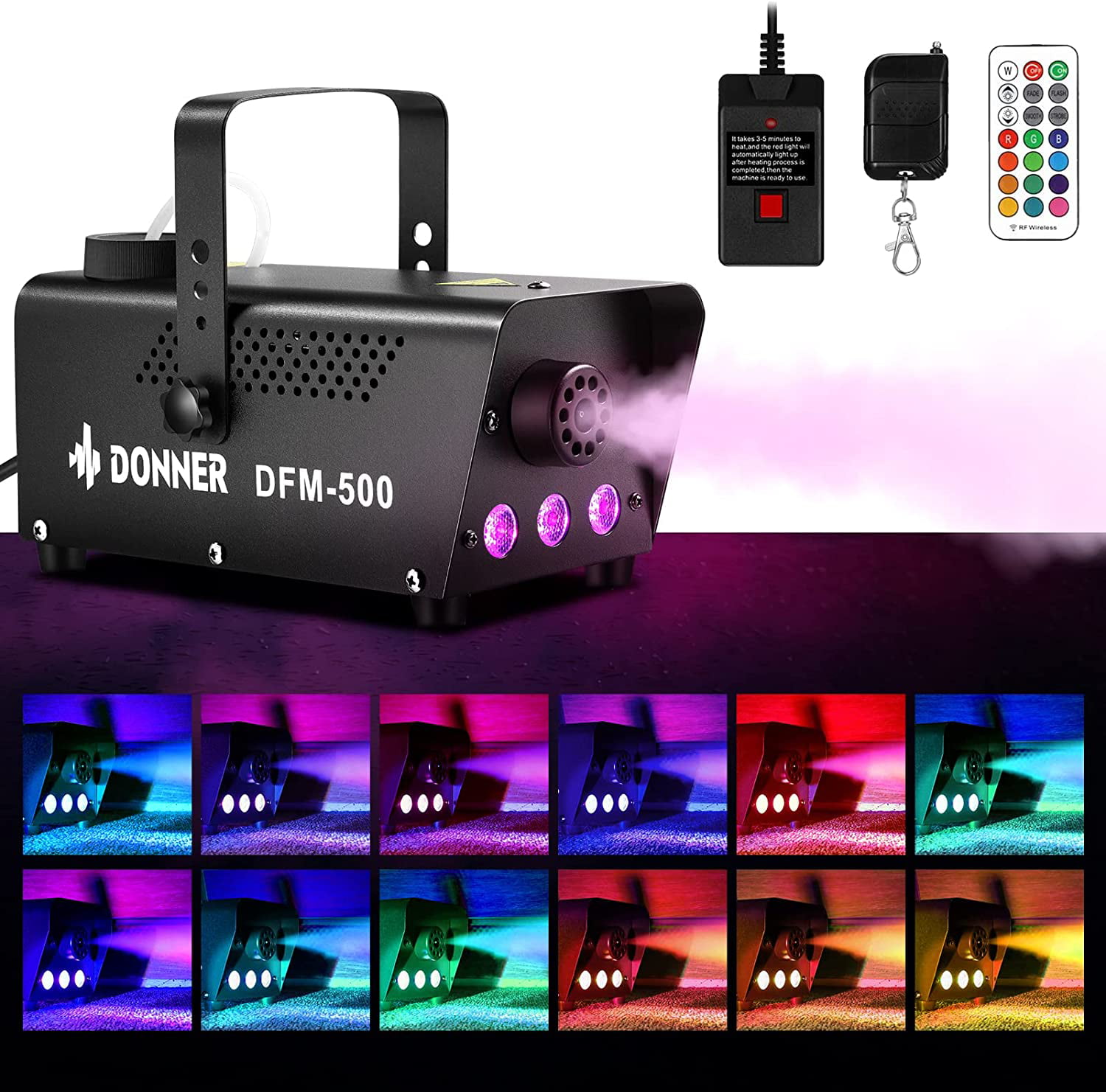 JDR Fog Machine with Controllable lights with Fuse Protection with Wireless and Wired Remote Control for Holidays Parties Weddings Christmas Halloween DJ LED Smoke Machine Red,Green,Blue 