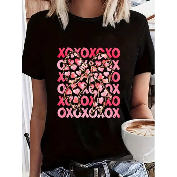 Camiseta de mujer con estampado de lazo dorado de San Valentín: algodón cómodo, cuello redondo, manga corta, informal, para adultos, hombres, mujeres, adolescentes, jóvenes, deportes casuales.