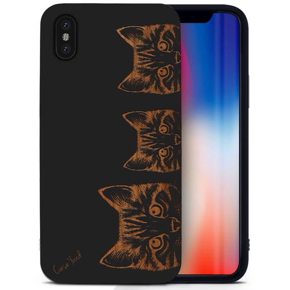 Case Yard Wooden Case for iPhone-X Soft TPU Silicone cover Slim Fit Shockproof Wood Protective Phone Cover for Girls Boys Men and Women Supports Wireless Charging Kittens Design