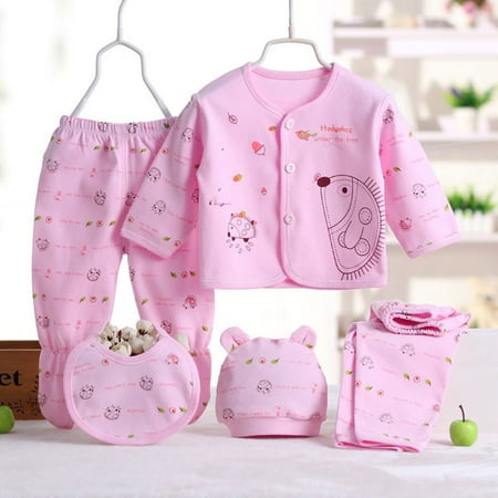 

JEFFENLY 5PCS Newborn Baby Boys Girls Layette Set Cotton Sleepwear Tops Hat Pants Bib Suit Outfit Clothes Sets for 0-3M Pink