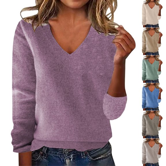 Dlentnea Sweaters for Women V Neck Casual Knit Tops Lightweight Pullover Clothes Fall Fashion Outfits