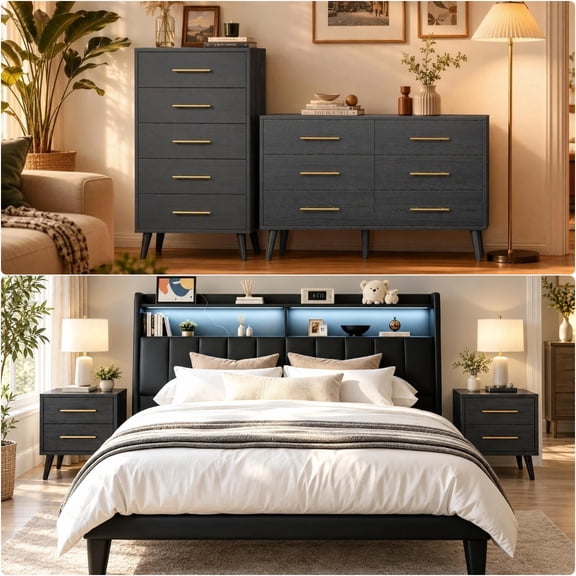 5 Piece Queen Bedroom Furniture Set - Gizoon Dark Gray Lighted Bed Frame, Two Nightstands, One 5 Drawer Dresser and 8 Drawer Dresser, Modern Home Collection