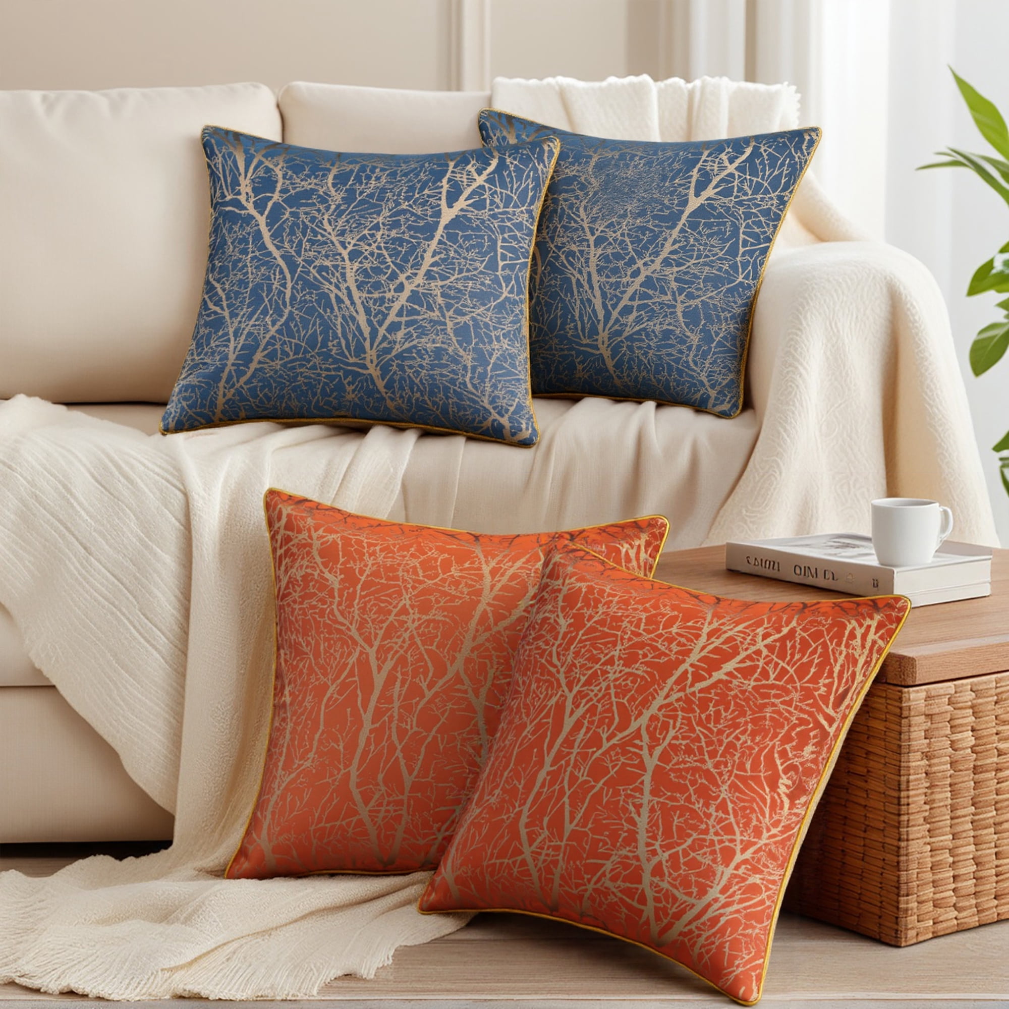 Unique Bargains Set of 2 Floral Leaf Botanical Pattern Decoration Orange 18" x 18"