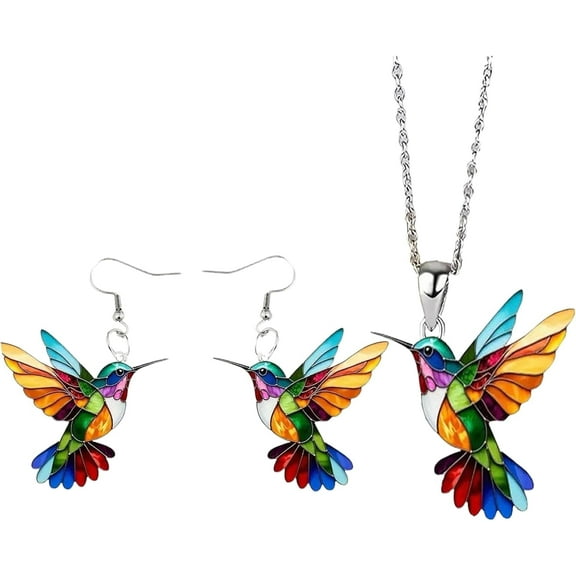 XBage Hummingbird Necklace And Earring Set For Women, Colorful 2D Acrylic Earrings Lightweight Colibri Dangle Earrings And Pendant Necklace Unique Bird Lover Gift Jewelry[xl6037]