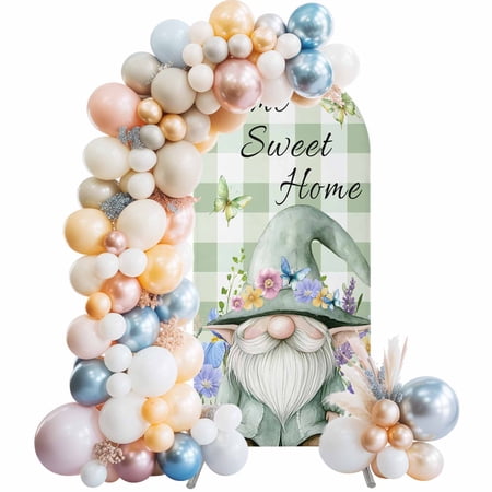 Home Sweet Arch Backdrop Cover 6.6 FT Gnome Butterfly Pink Flowers Green Plaid Stretchy Elastic Arch Stand Covers Spandex Arched Background Birthday Wedding Party Decoration (No Stand)