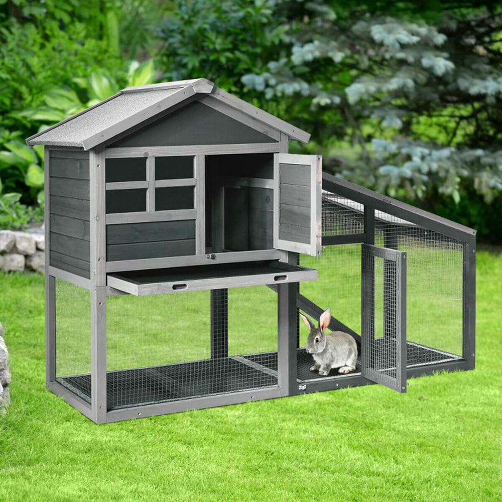 GVN Bunny Cage House Pet Cage,56.5 Inch Length Wooden Rabbit Hutch with Pull out Tray and Ramp