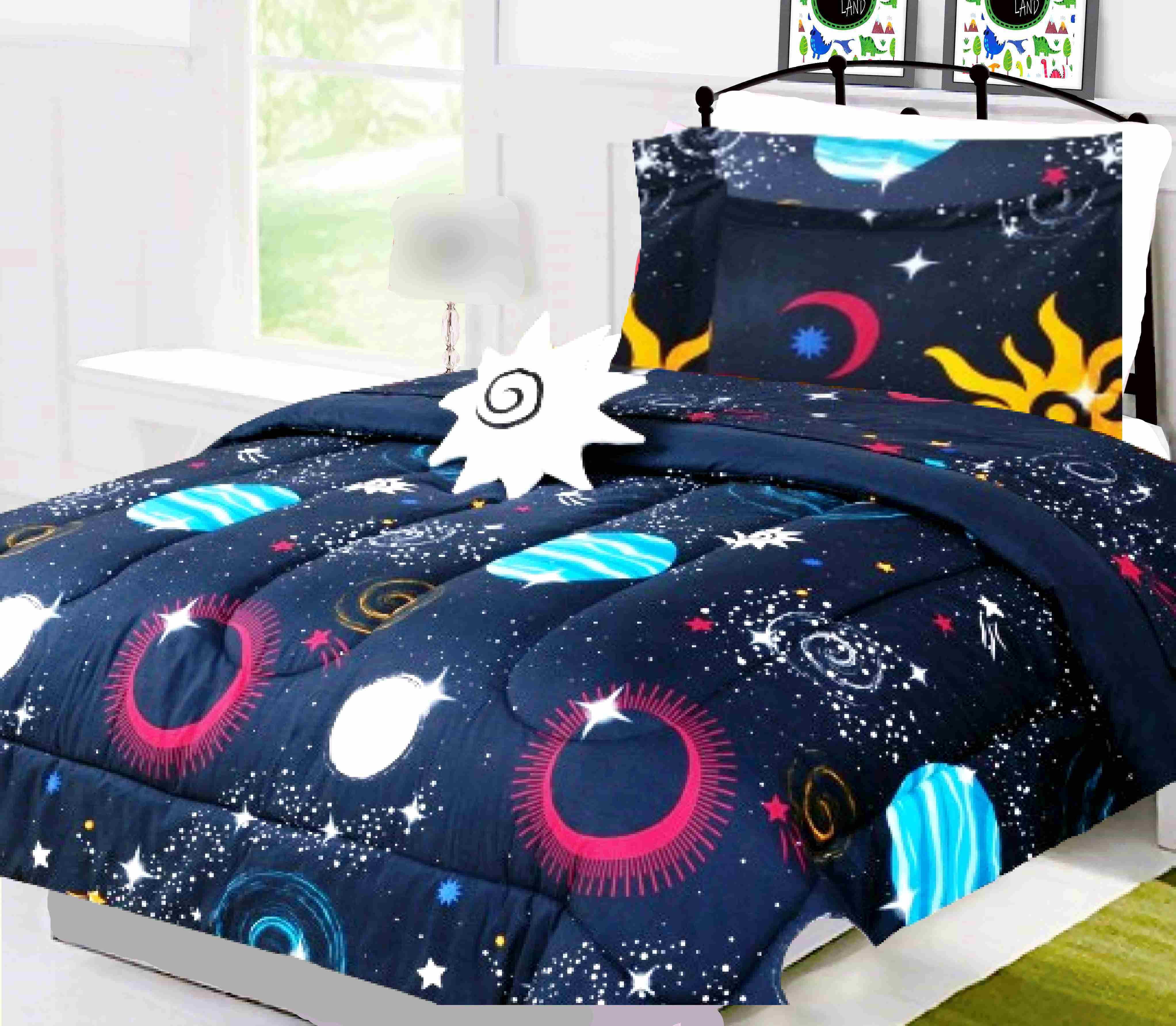 6-PC Twin Space galaxy complete bed in bag comforter bedding set with furry friend and matching sheet set for kids boys girls super soft easy wash kids bedding décor
