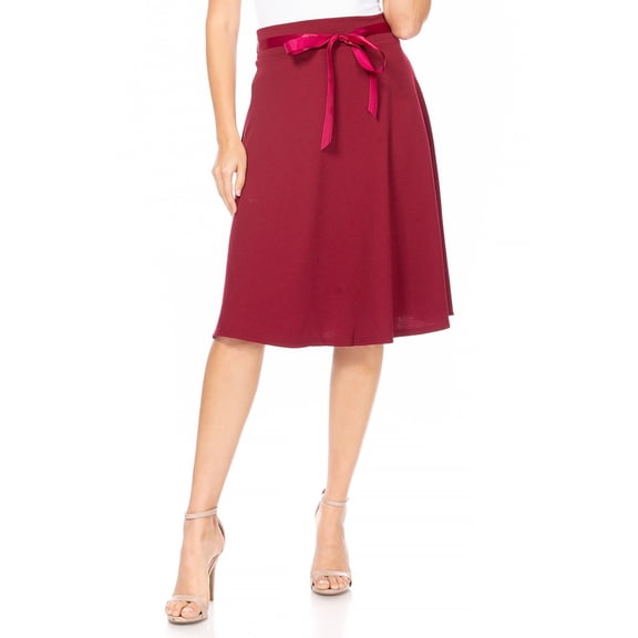 Women's Elegant Solid A-Line Midi Skirt with High Waist and Satin Tie Belt