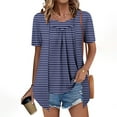thumbnail image 2 of Womens Fake Fake Two-Piece Tops Boat Neck Blouse Short Sleeve T-Shirts Striped Top Front Pleated Layered T Shirt 2025 Trendy Casual Tees Ladies Chic Summer Top, 2 of 7