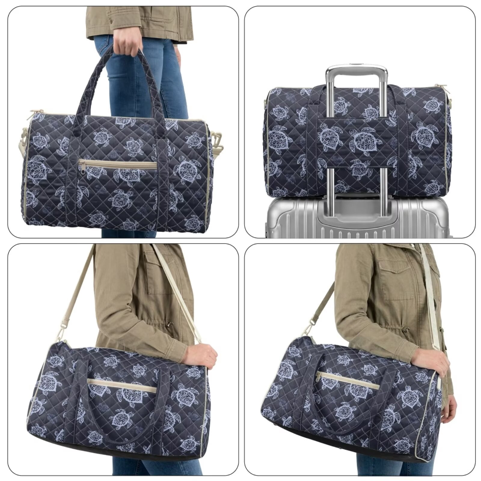 Chririnla Blue Turtles Print Modern Gym Bag Soft Duffle for Women Easily Portable Fitness Luggage with Quilting Design & Multi-Pockets Fits Exercise