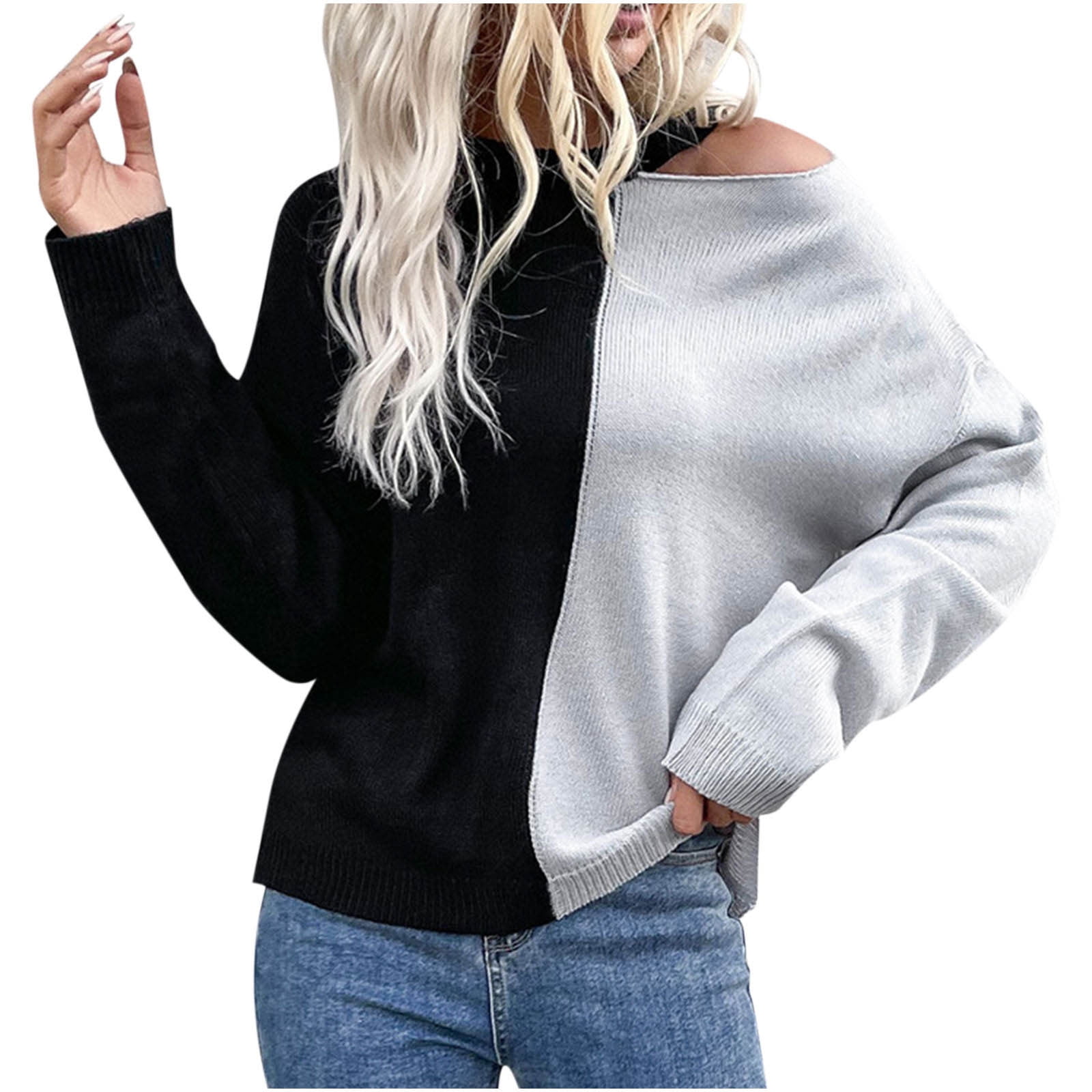SMihono Clearance Loose Color Wave Stripe Hollow Sweaters Fashion Womens  Plus Printed Long Crew Neck Sleeve Style Ladies Tops Female Leisure Black L  