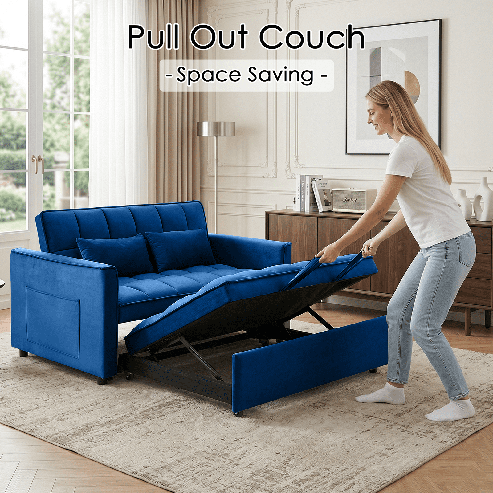 Amuille 3 in 1 Convertible Sleeper Sofa Bed, 54" Velvet Fabric Loveseat, Pull Out Couch for Living Room and Apartment (Blue)