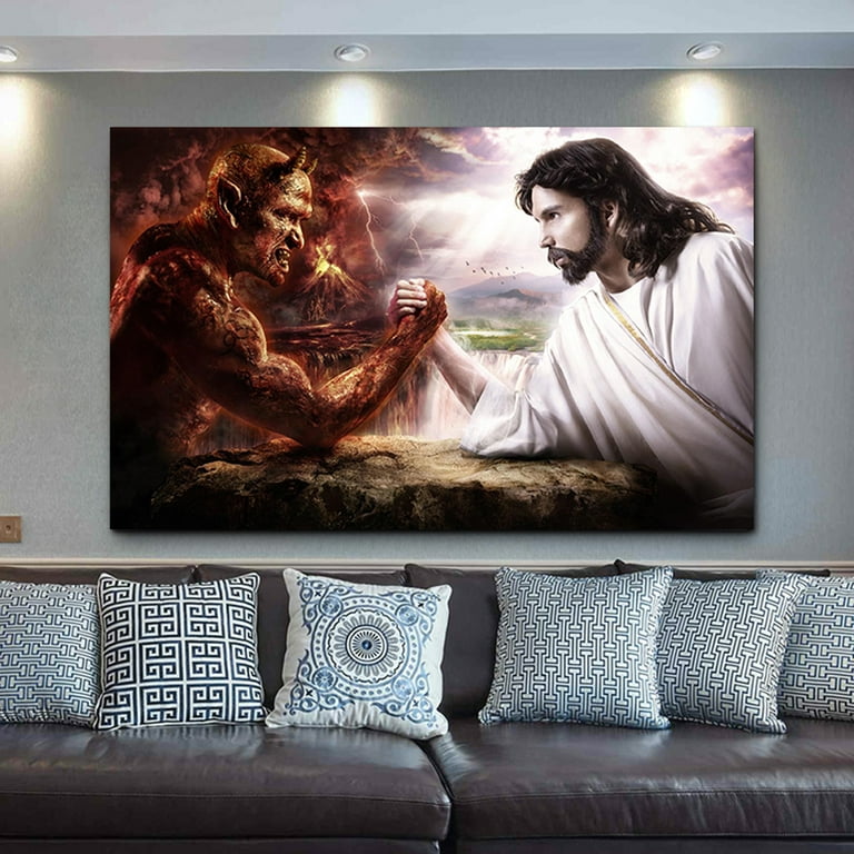 Jesus VS Devil Picture Framed Wall Decor Jesus Fights Satan Wall Art for  Bedroom Office Framed Ready to Hang