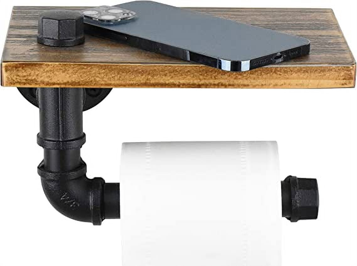 Nvzi Rustic Toilet Paper Holder Pipe with Shelf Industrial Toilet Roll Holder Wall Mount Farmhouse Wooden Toilet Tissue Paper Holder for Bathroom(Black)