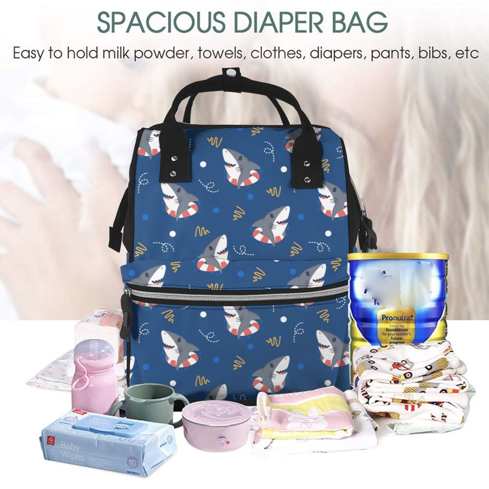 Ratiio Cute Shark Mummy Backpack - Waterproof Twill Canvas, Large Capacity Diaper Bag with Multiple Pockets and Adjustable Straps