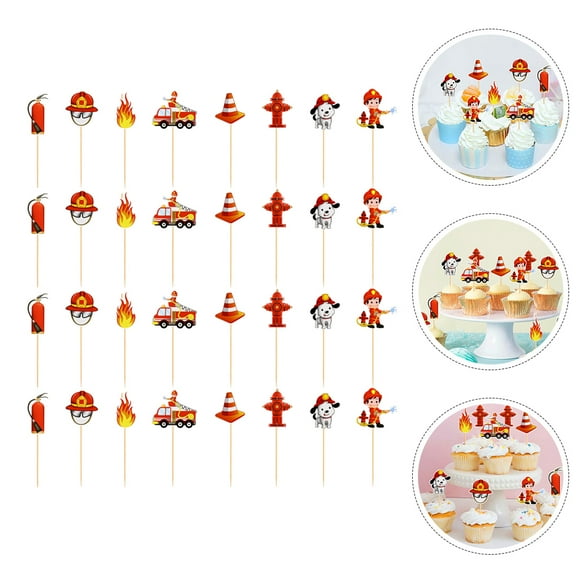 Topbathy 32PCS Firefighter Cupcake Toppers Wood Decoration Assorted Color Fire Engine Rescue Theme