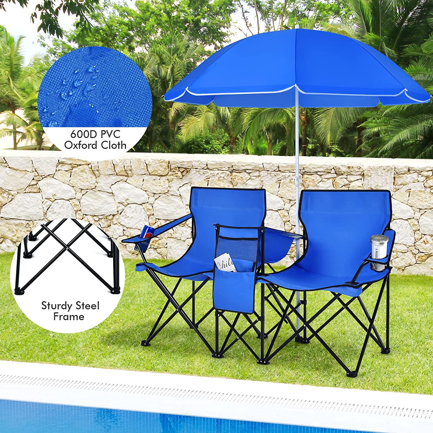 Double Folding Picnic Chairs w/Umbrella Mini Table Beverage Holder Carrying Bag for Beach Patio