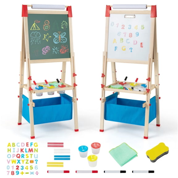 3-in-1 Kids Wooden Easel - Magnetic Chalkboard/Whiteboard Paper Roll, 60 Accessories, Natural Blue