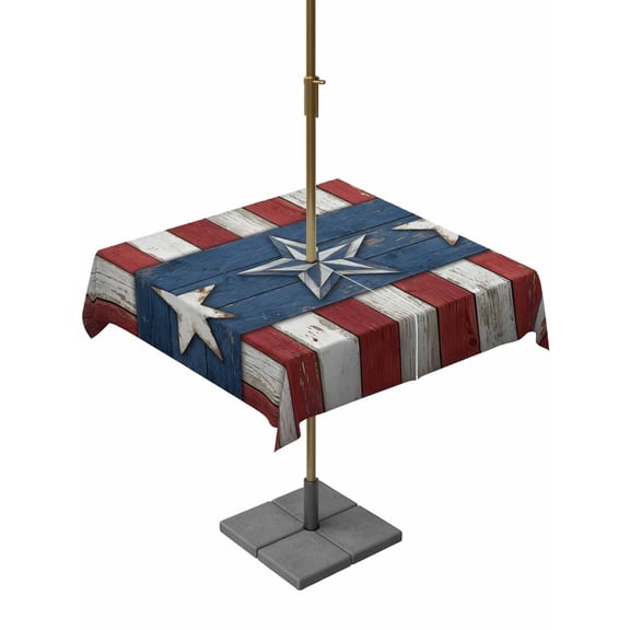 Outdoor Tablecloth with Umbrella Hole for Patio/Picnic/Party/Camping, Western American Flag Waterproof Table Cloth Square Cover Washable, Red White Striped Vintage (54"x 54")