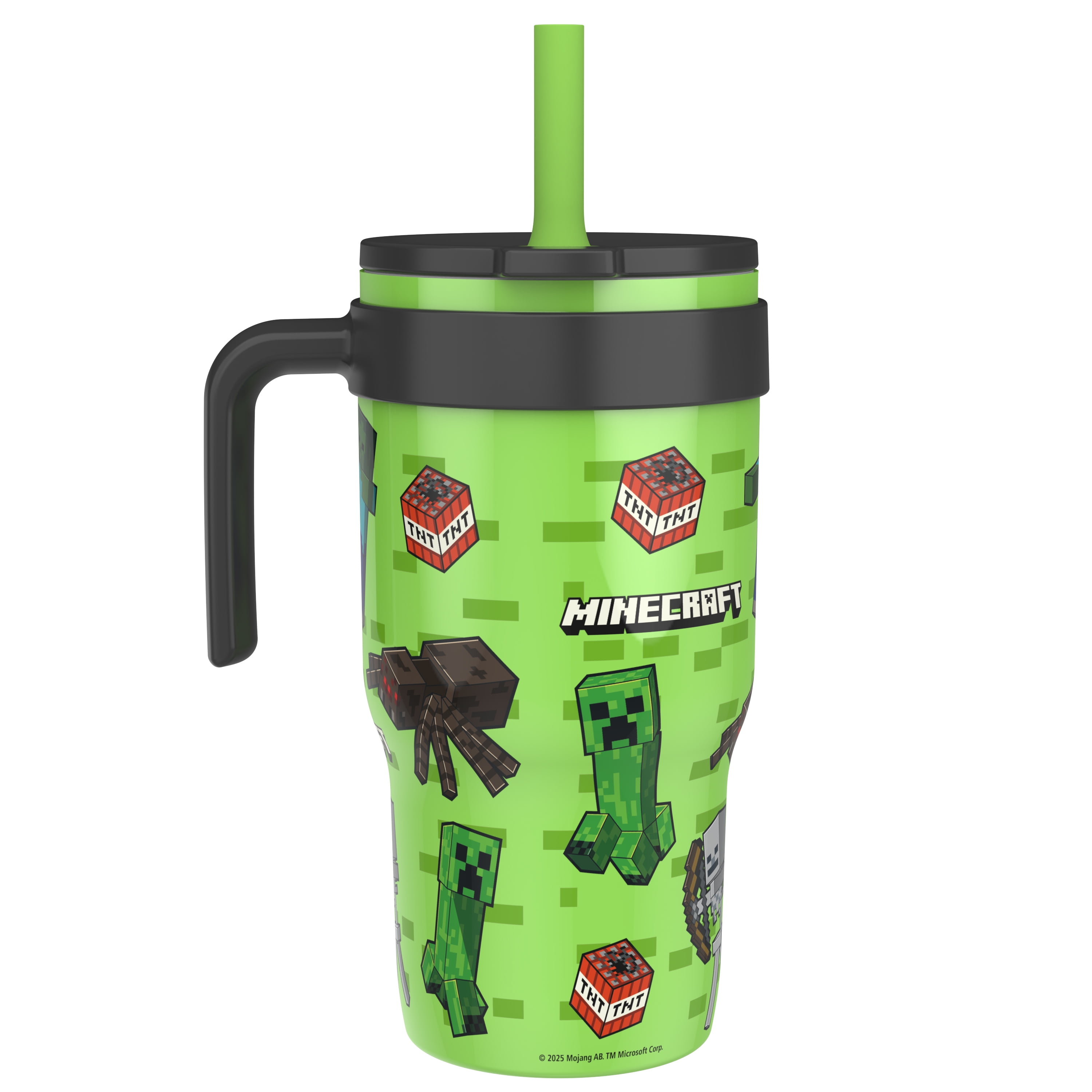 Zak Designs 18oz Minecraft Kids Straw Handle Tumbler, Stainless Steel Vacuum Insulated Cruiser Tumbler with Silicone Straw Utilizing Leak-Proof Valve, Creeper & TNT, Green