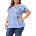 thumbnail image 4 of Agnes Orinda Women's Plus Size Floral Top Front Lace Hollow Crew Neck Short Sleeve Blouse Summer Casual Shirt 3X Blue, 4 of 6