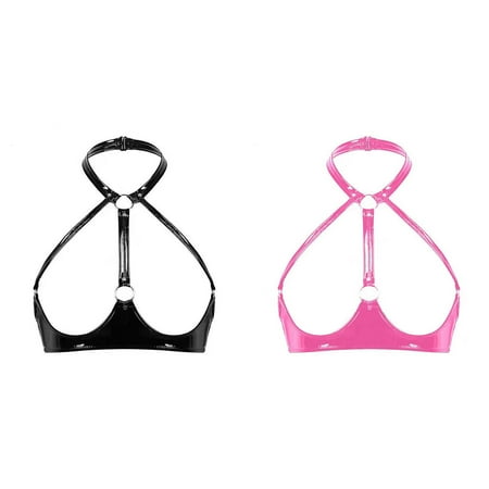 2-Pack High Gloss Leather Neck Bra Leather Bra Adjustable Strap Underwear Valentine s Day Party Negligee Lingerie for Women Long Garter Belts Lingerie for Women Snap Crotch Lingerie plus