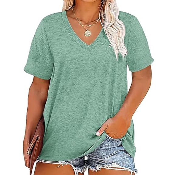 Yotami Oversized Plus Size T-Shirts for Women Solid Color V-Neck T-Shirts for Outdoor Summer Loose Fit Short Sleeve Vacation, Mint Green XL