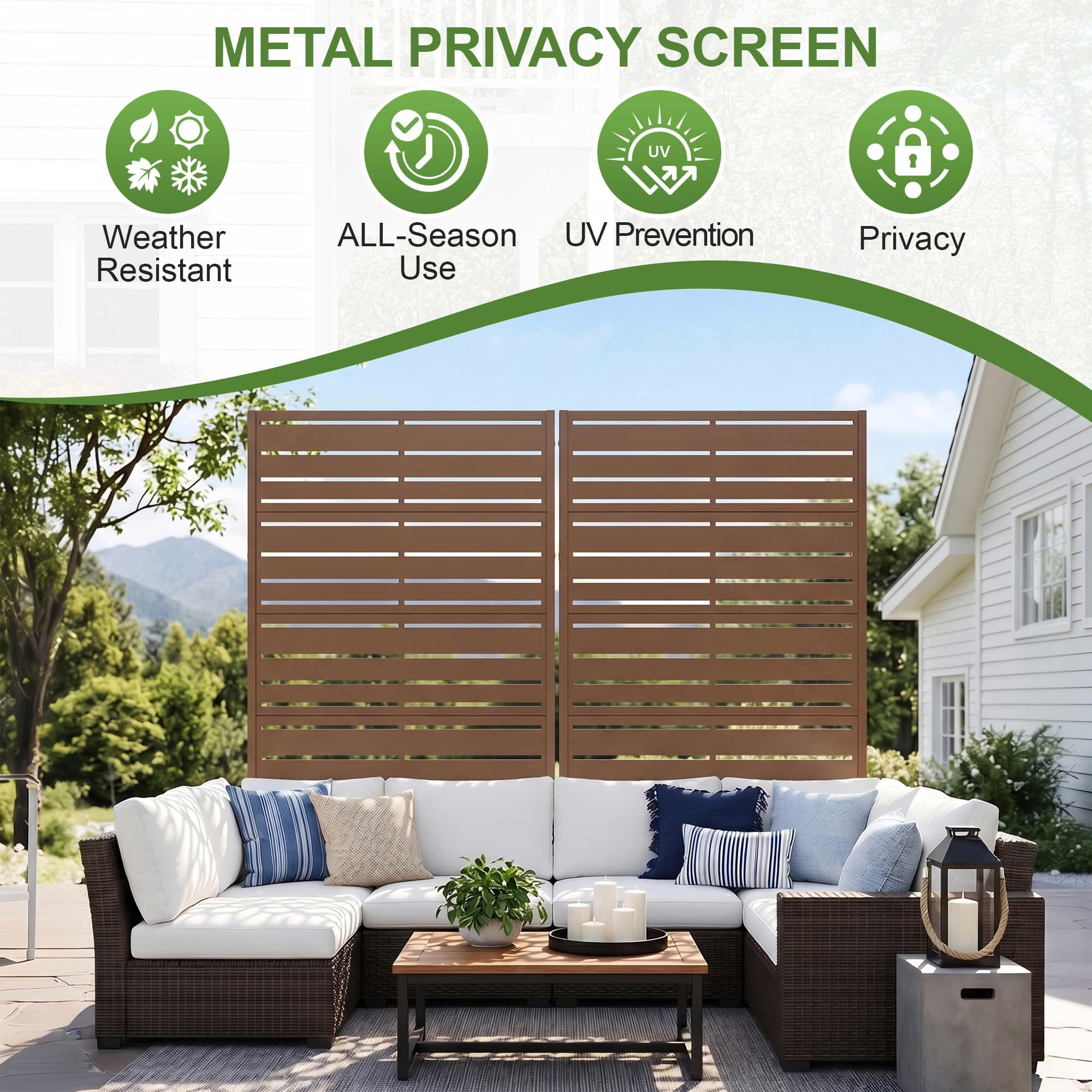 MAYEERTY 2-Piece 72"x35" Freestanding Privacy Fence, 6-Panel Brown Galvanized Steel Screen, Wide-1 Narrow-2 Slats for Outdoor Yard