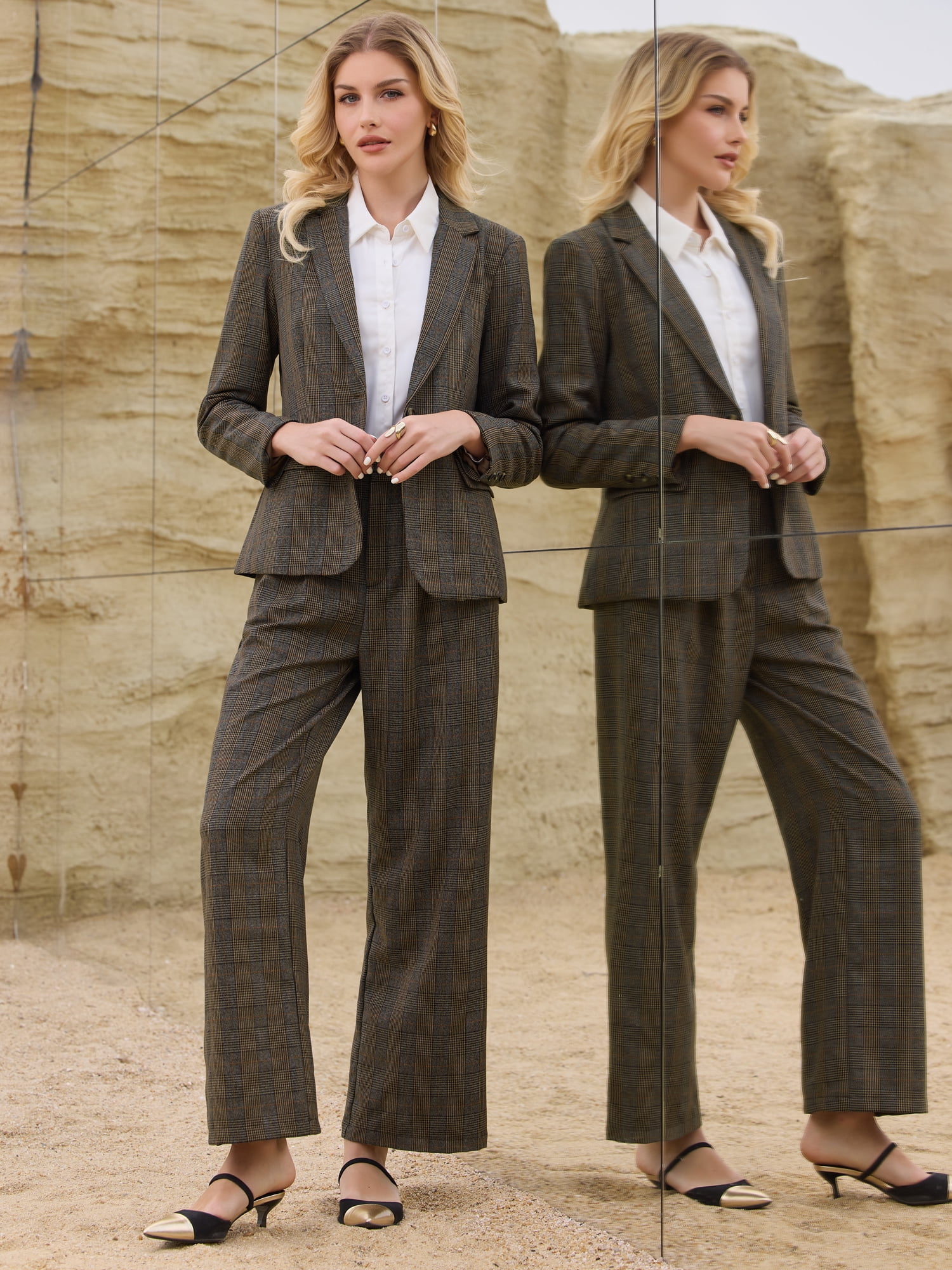 DARING DIVA Women's Houndstooth Plaid Blazer Business Suit Jacket S Brown