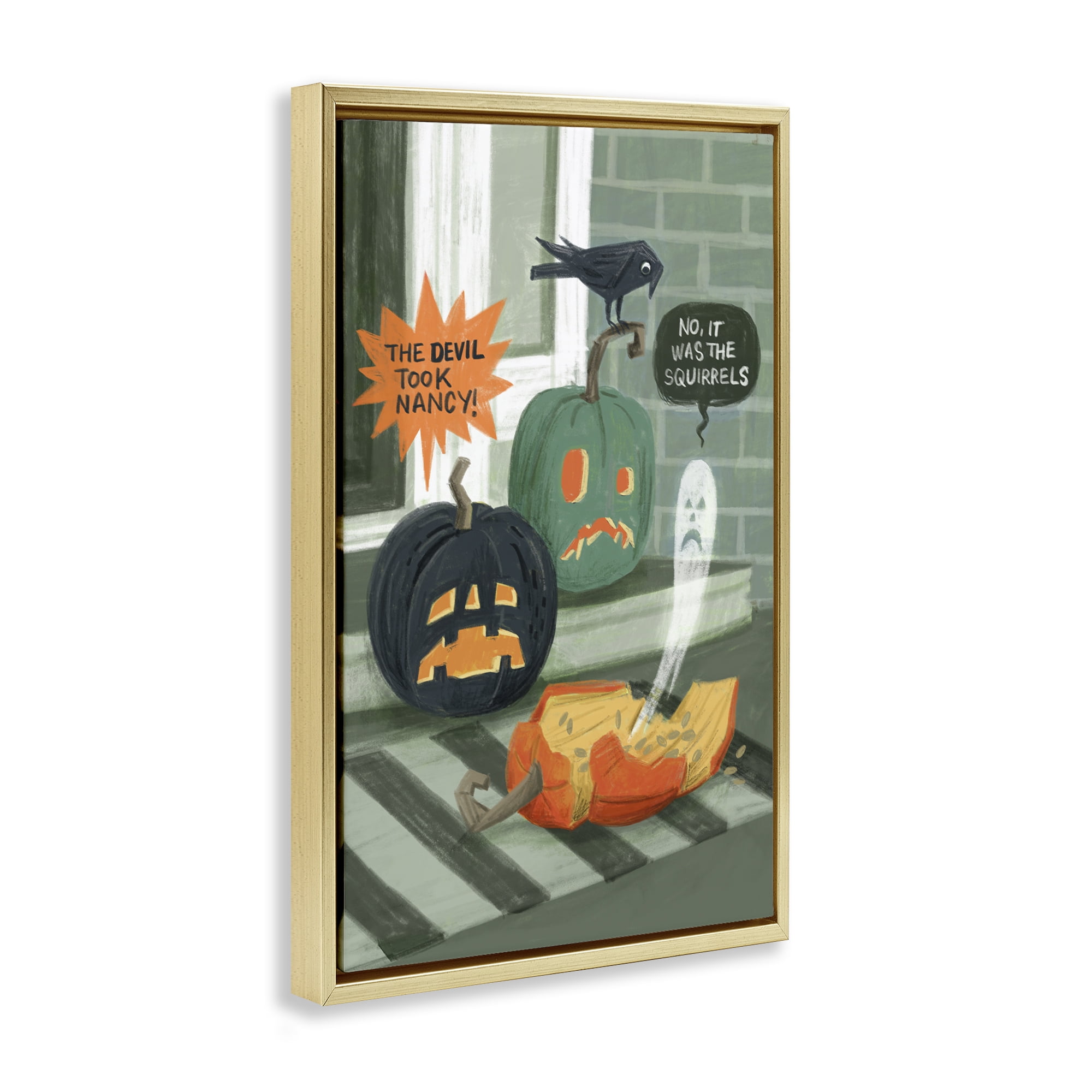 Stupell Industries Porch Pumpkins Mystery Holiday Painting Gold Floater Framed Canvas Art Print Wall Art, 21 x 31